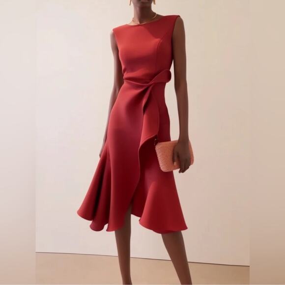 Fehaute Red Elegant Midi A-line Waist Twist Day To Night Dress Size Small NWT - Picture 3 of 14